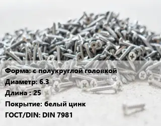 Шуруп с полукруглой головкой 6.3х25 белый цинк ГОСТ: DIN 7981